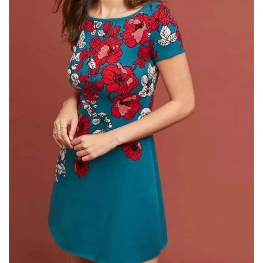 Anthropologie Maeve Medium Allison Floral Knit Sweater Dress Teal - Picture 3 of 9